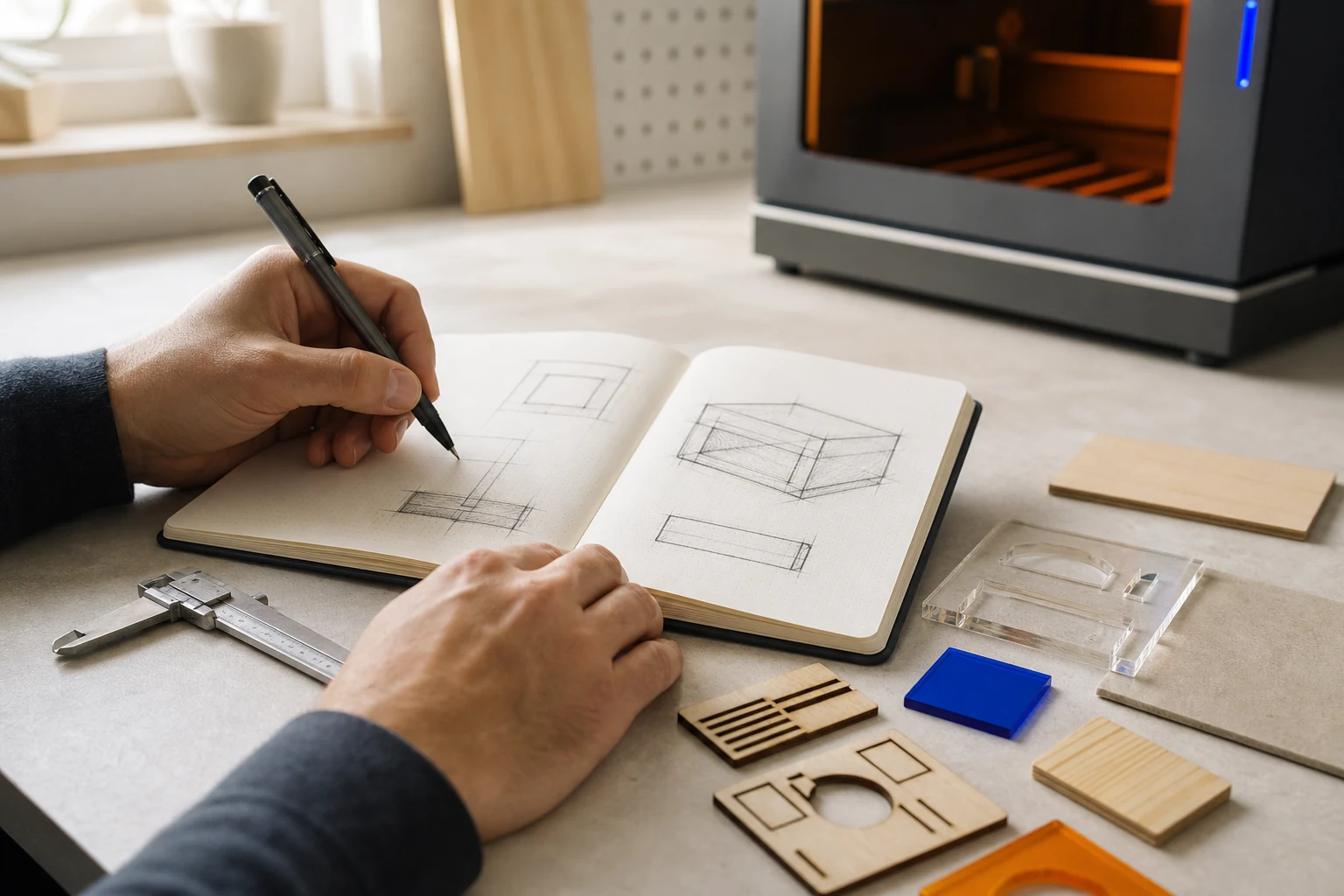 Maker sketches desktop laser dimensions while comparing birch and acrylic samples.