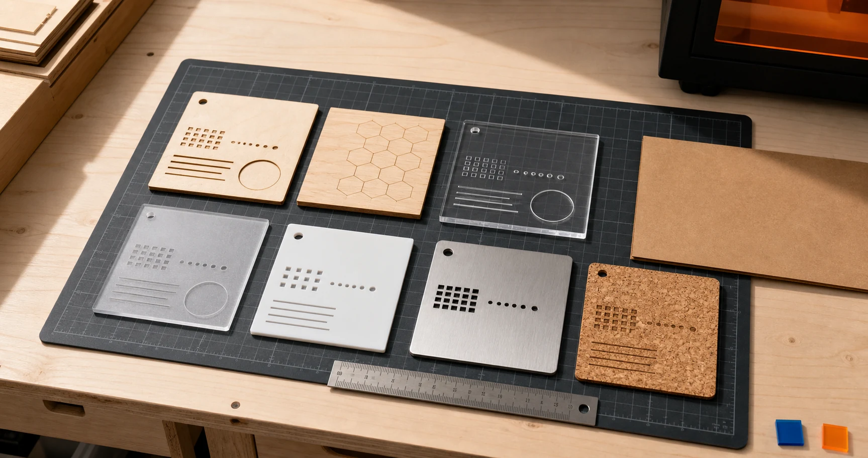 Laser-cut birch, acrylic, metal, paper, and cork samples arranged on a graphite cutting mat.