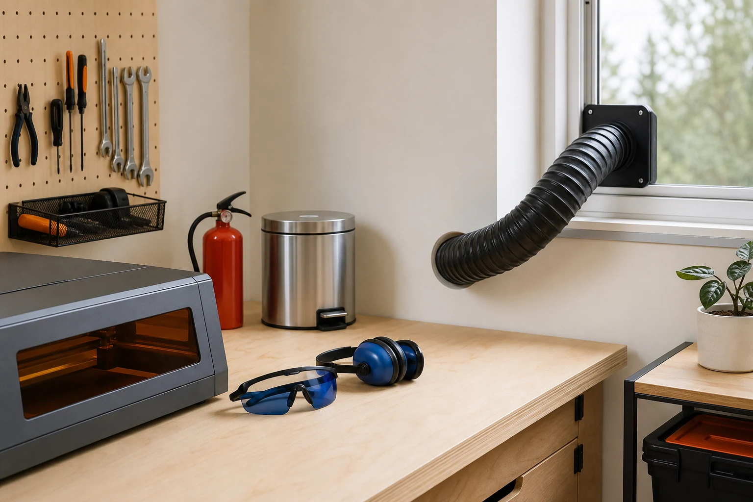 Organized laser workspace with ventilation and fire-readiness equipment.
