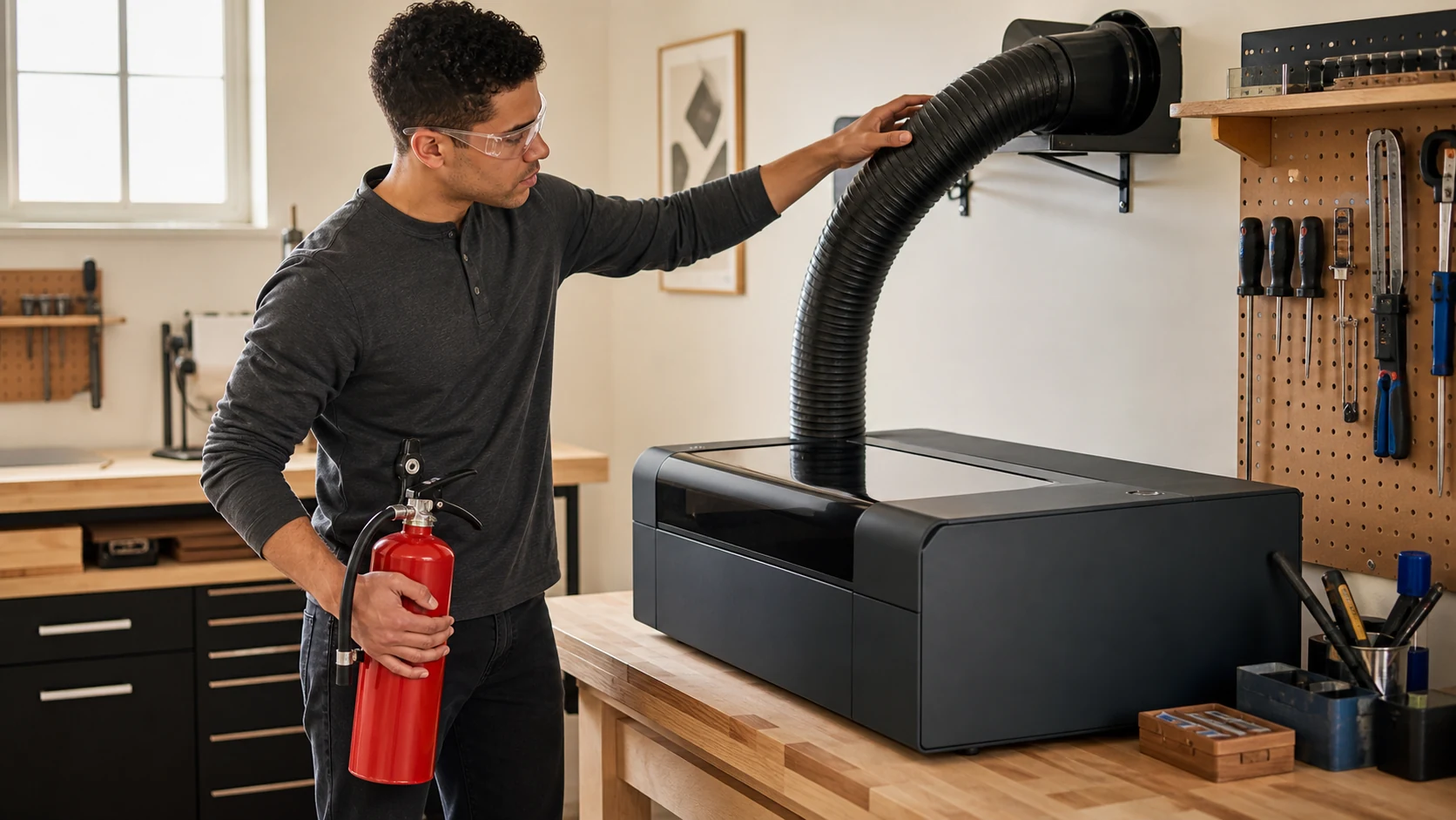 Maker checks workshop ventilation and fire readiness beside an enclosed desktop laser cutter.